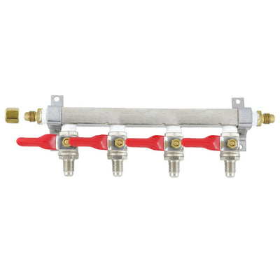 Brass Air Dist 4-Out 1/4inMfl-Shutoff With Chk