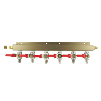 Aluminum Air Dist 6-Out 1/4inMfl-Shutoff No Chk