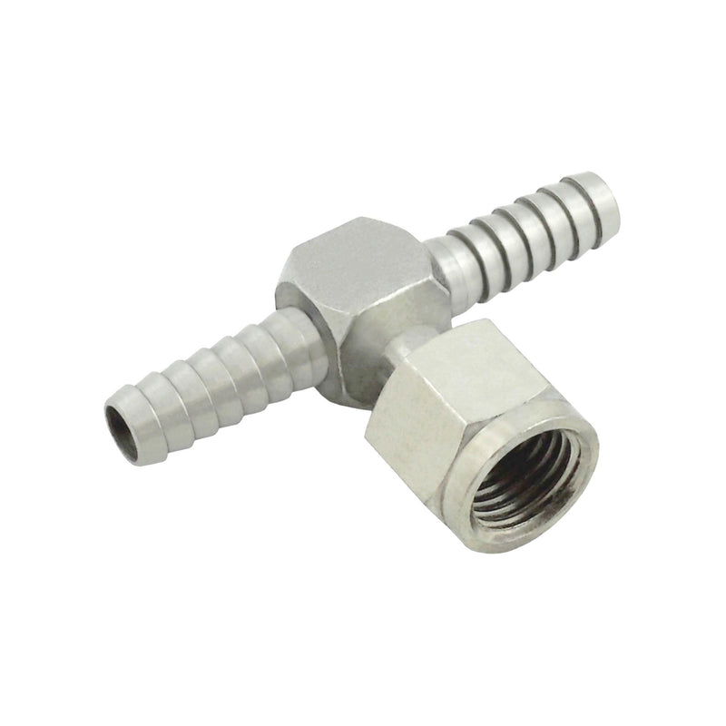 Swivel Tee - 304 Stainless Steel - 1/4" Hose Barb X 1/4" Hose Barb X 1/4"Female Flare (FFL)-Swivel Nut