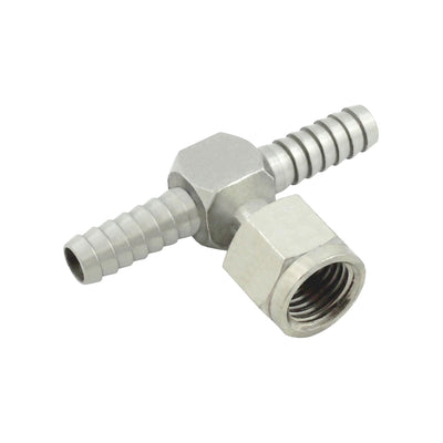 Swivel Tee - 304 Stainless Steel - 1/4" Hose Barb X 1/4" Hose Barb X 1/4"Female Flare (FFL)-Swivel Nut