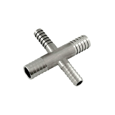 Cross - 304 Stainless Steel - 3/8" Hose Barb Across X 1/4" Hose Barb Down