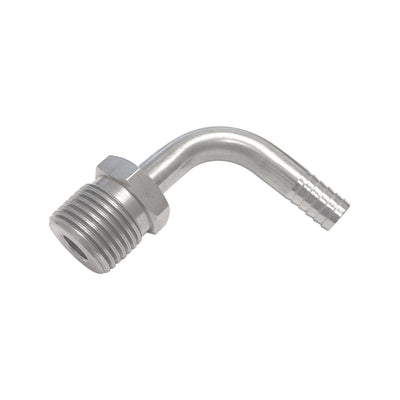 90° Adapter - 304 Stainless Steel - 3/8" Hose Barb X 1/2"Male Pipe Thread (MPT)