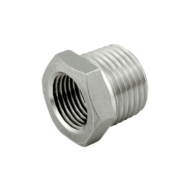 Hex Bushing - 304 Stainless Steel - 1/4"Female Pipe Thread (FPT) X 3/8"Male Pipe Thread (MPT)