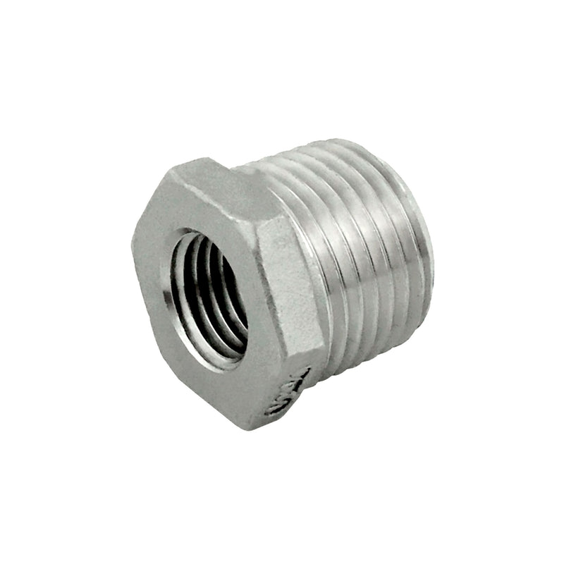 Hex Bushing - 304 Stainless Steel - 1/4"Female Pipe Thread (FPT) X 1/2"Male Pipe Thread (MPT)