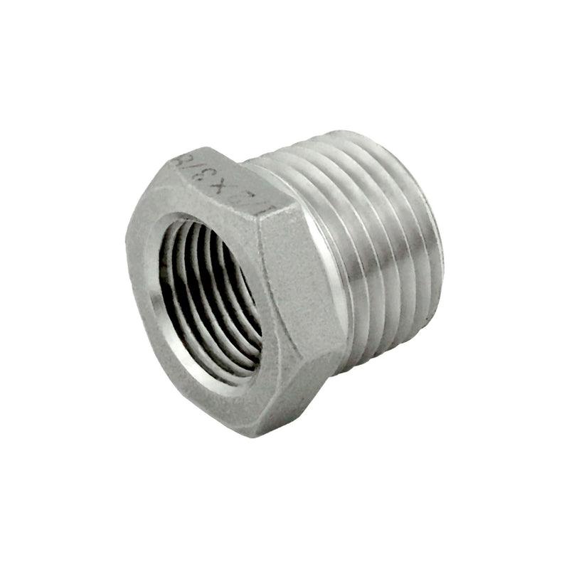 Hex Bushing - 304 Stainless Steel - 3/8"Female Pipe Thread (FPT) X 1/2"Male Pipe Thread (MPT)