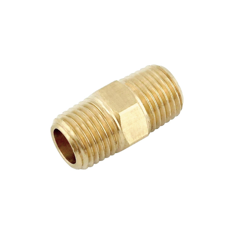 Hex Nipple - Heavy-Duty Brass - 1/4"Male Pipe Thread (MPT) X 1/4"Male Pipe Thread (MPT) Brass