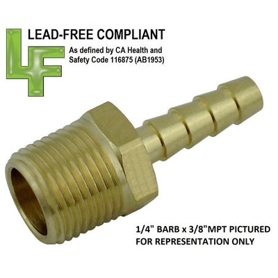 Adapter - Lead-Free Brass - 1/4" Hose Barb X 3/8"Male Pipe Thread (MPT)