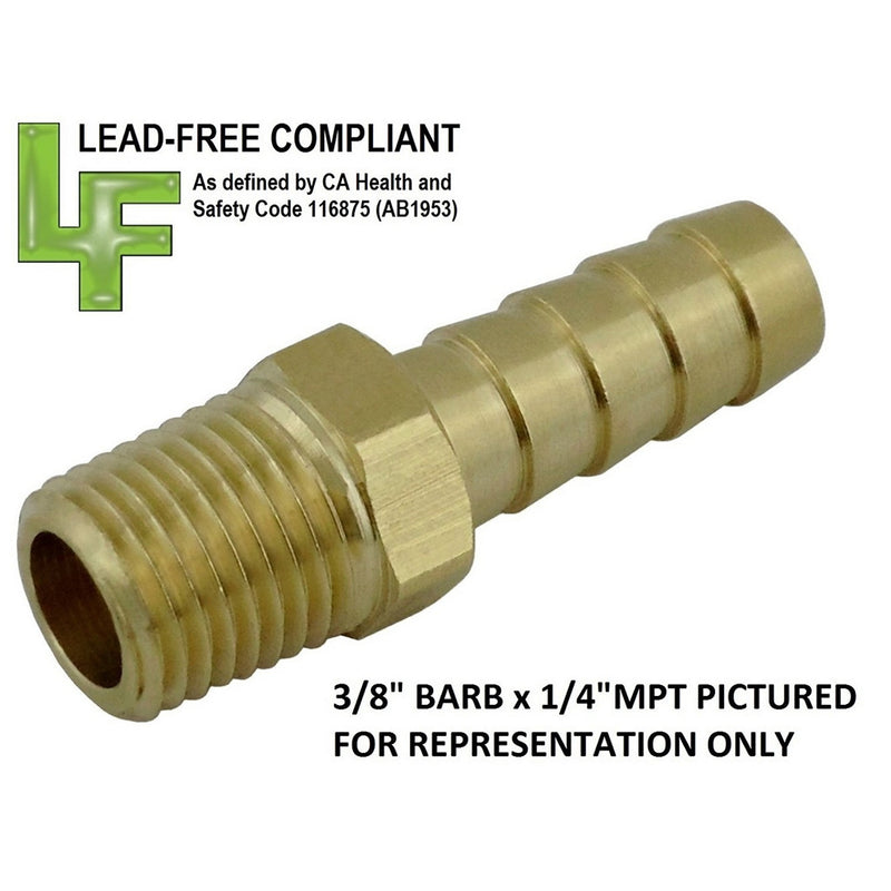 Adapter - Lead-Free Brass - 1/2" Hose Barb X 3/8"Male Pipe Thread (MPT)