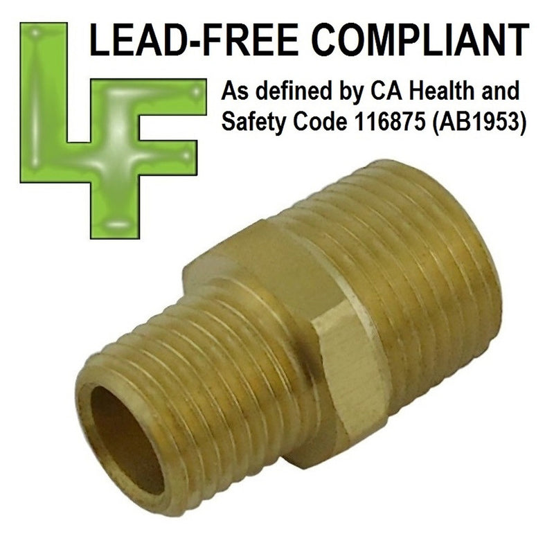 Lead-Free Brass Hex Nipple - 1/2" Male NPT to 3/8" Male NPT
