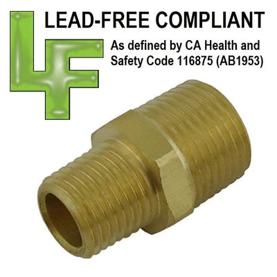 Lead-Free Brass Hex Nipple - 1/2" Male NPT to 3/8" Male NPT