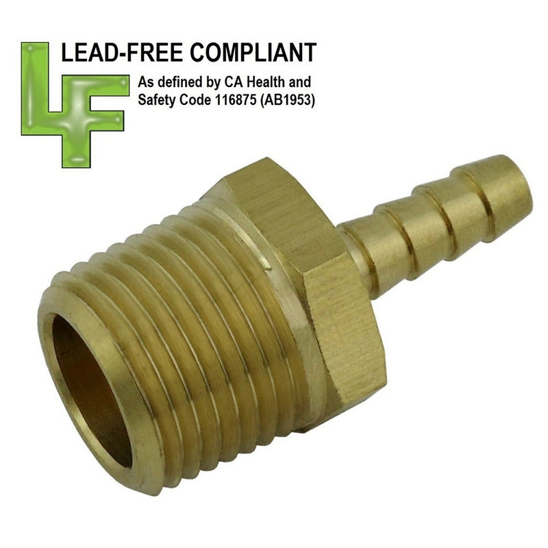 Adapter - Lead-Free Brass - 1/4" Hose Barb X 1/2"Male Pipe Thread (MPT)