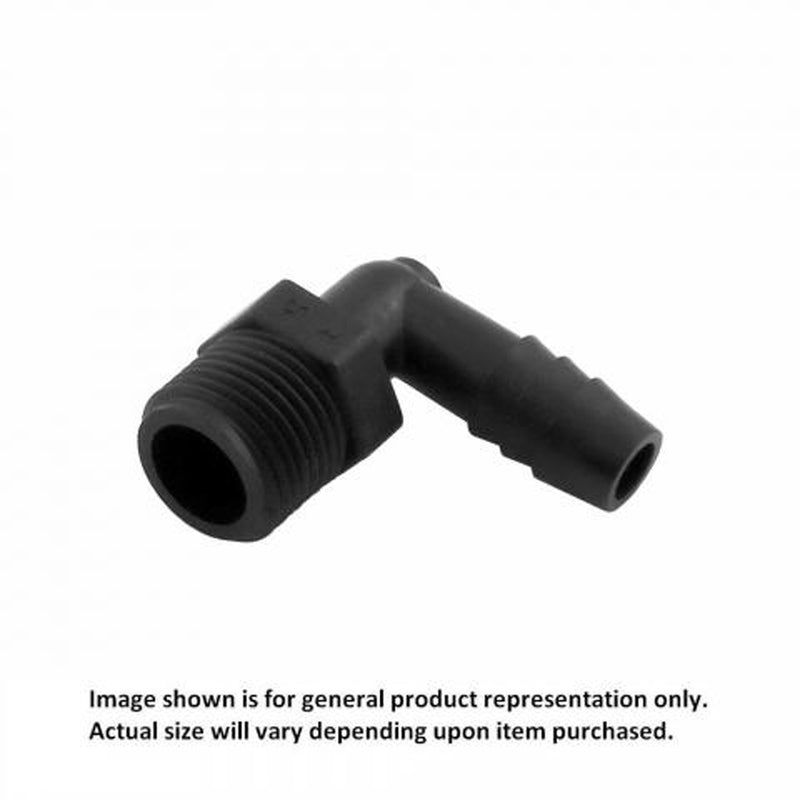 90° Elbow - Industrial Plastic - 1/4"Male Pipe Thread (MPT) X 3/8" Hose Barb
