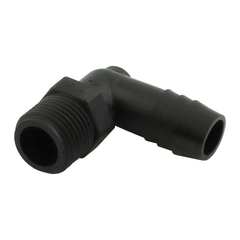 90° Elbow - Industrial Plastic - 3/8"Male Pipe Thread (MPT) X 1/2" Hose Barb