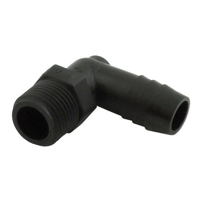 90° Elbow - Industrial Plastic - 3/8"Male Pipe Thread (MPT) X 1/2" Hose Barb