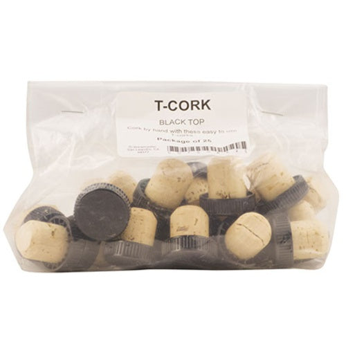 PACK of 25 - Standard T-Cork with Black Plastic Top fits 375/750 mL Wine Bottles