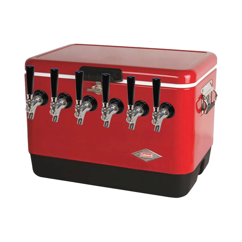 6-Faucet Red Cold Plate Dispenser - 54 Quart 304 Stainless Steel Jockey Box for Events