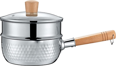 Concord 2 Quart Stainless Steel Yukihira Pan with Steamer. Traditional Japanese Saucepan with Wood Handle - Great for Ramen, Tempura pot, Milk, etc.