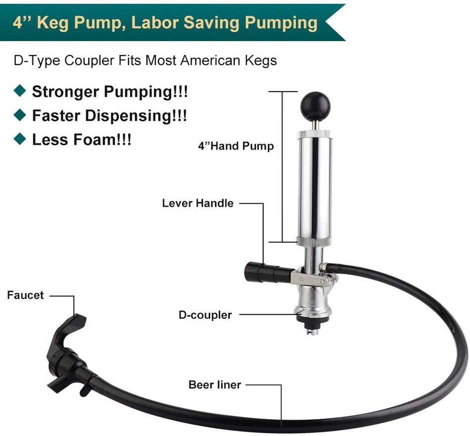 Heavy Duty Complete D-System Beer Keg Pump 4” US Sankey Beer Keg Party Pump Picnic Keg Tap Keg Hand Pump Draft Beer Kegerator Party Pump Durable Lever Handle Lock, 4-Inch Keg Pump