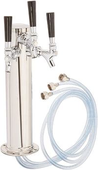 3 Tap Polished Stainless Steel Triple Beer Faucet Tower, 3 inch Diameter with Beer Line Assembly