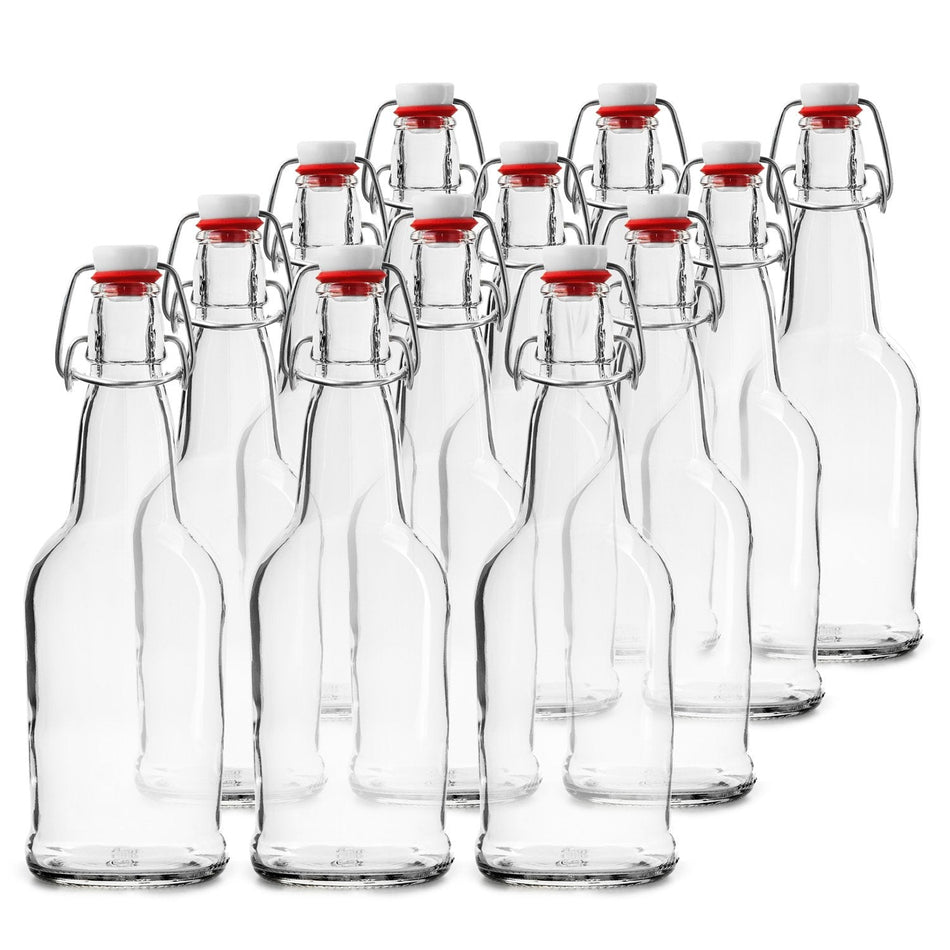 EZ Cap 12 PACK 16 oz. Swing Top Clear Bottles for Homebrew, Kombucha, Water Bottles - Chef Star Style