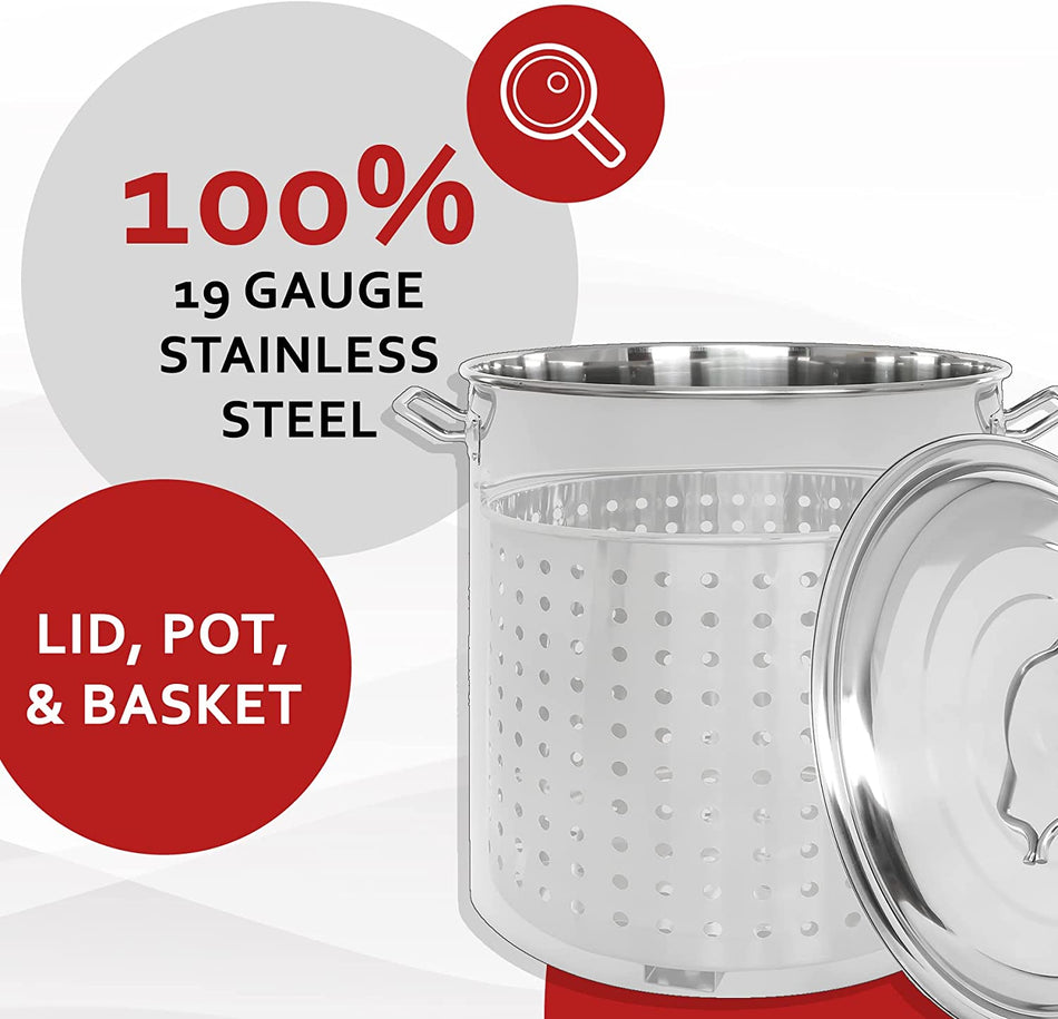 Concord Stainless Steel Stock Pot w/ Steamer Basket - Heavy Kettle Cookware great for boiling and steaming. Crawfish Boil Ready