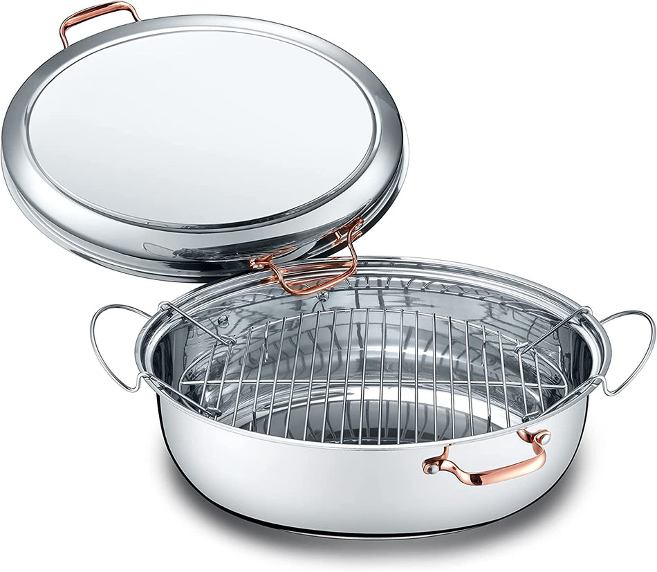 Concord Premium 12 Quart Stainless Steel Roasting Pan with Hangable Rack. Oval Turkey Roaster with Griddle Lid Multi-use Cookware