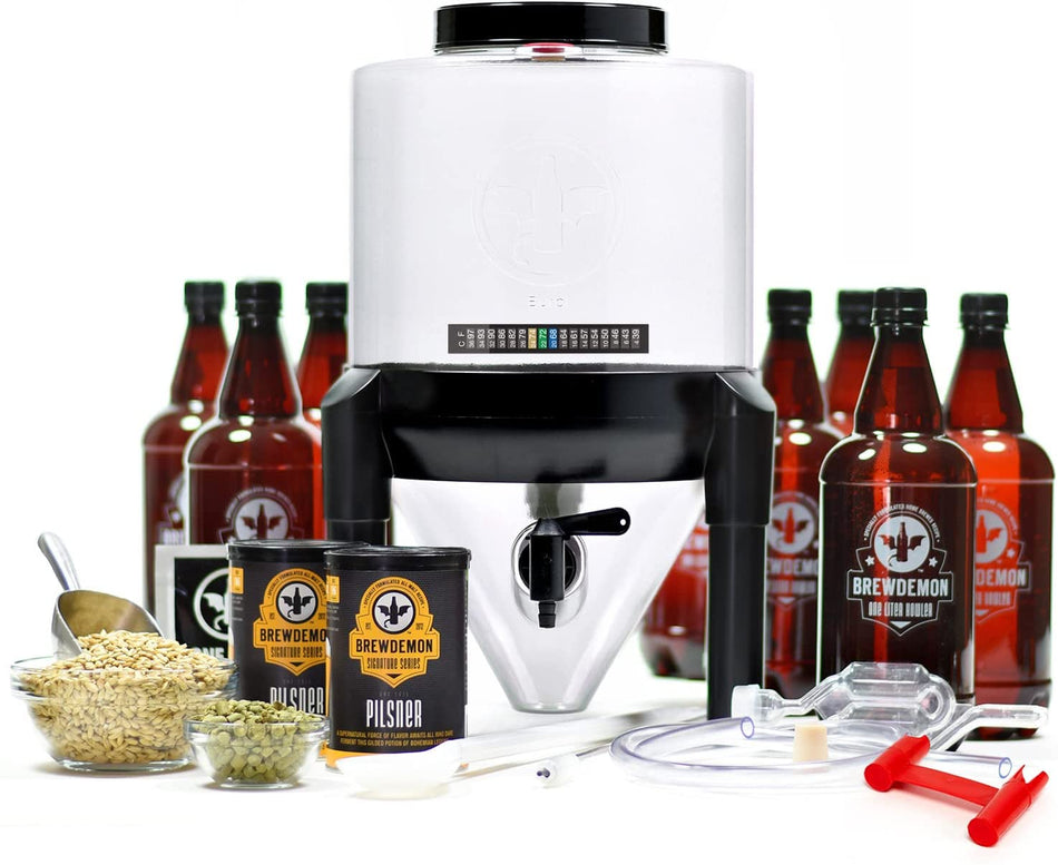 Craft Beer Brewing Kit Signature Pro Deluxe with Bottles - Conical Fermenter Eliminates Sediment and Makes Great Tasting Home Brewed Beer - 2 gallon Pilsner