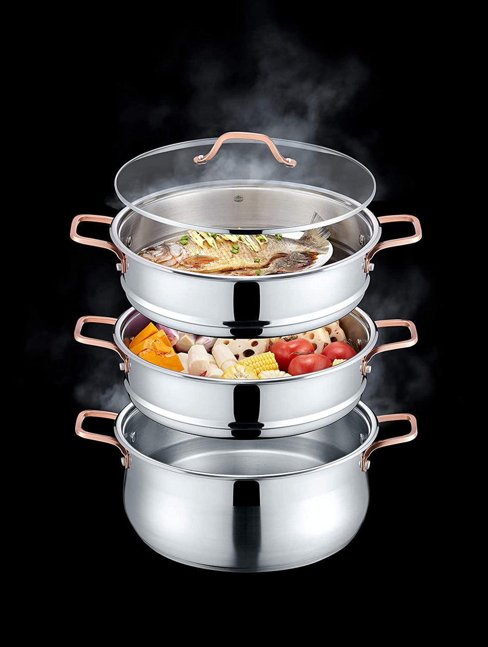Concord Premium Stainless Steel 3 Tier Steamer w/ Rose Gold Handles