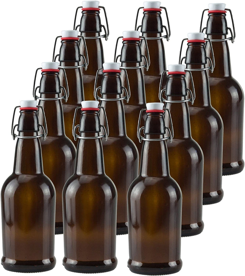 EZ Cap 12 PACK 16 oz. Amber Homebrew Swing Top Flip Cap Chef Star Grolsch Style Bottles