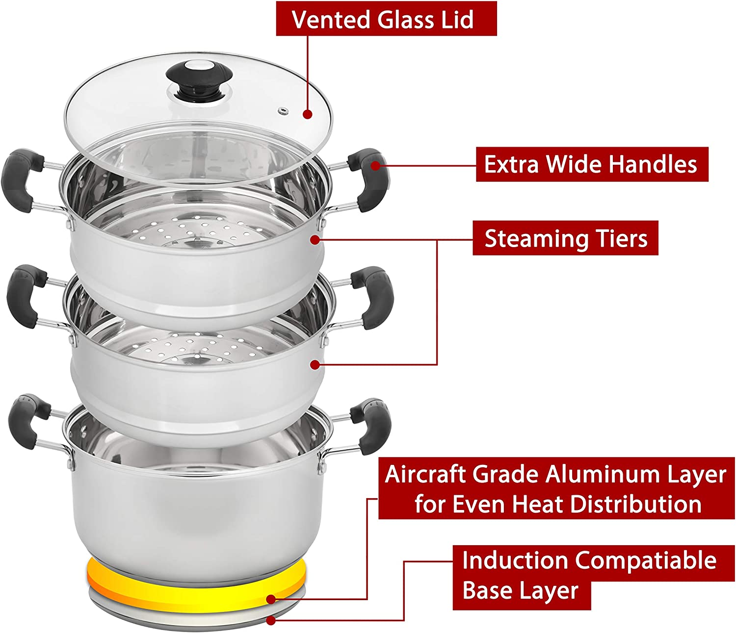 Concord 10 Stainless Steel 3 Tier Steamer Steaming Pot Cookware 24 cm (Induction compatible)