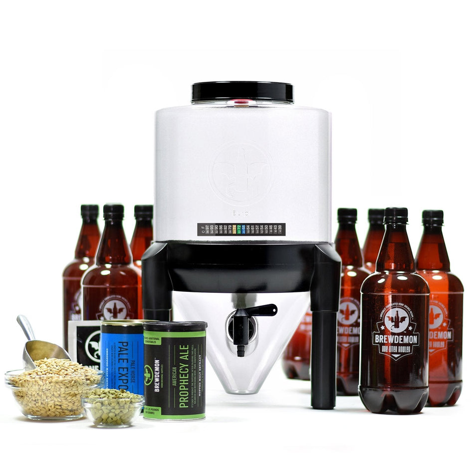 Craft Beer Brewing Kit with Bottles - Conical Fermenter Eliminates Sediment and Makes Great Tasting Home Brewed Beer - 2 gallon American Prophecy Ale