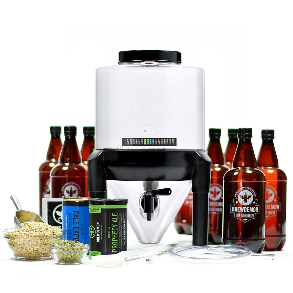 Craft Beer Brewing Kit Signature Pro Deluxe with Bottles - Conical Fermenter Eliminates Sediment and Makes Great Tasting Home Brewed Beer - 2 gallon American Prophecy Ale