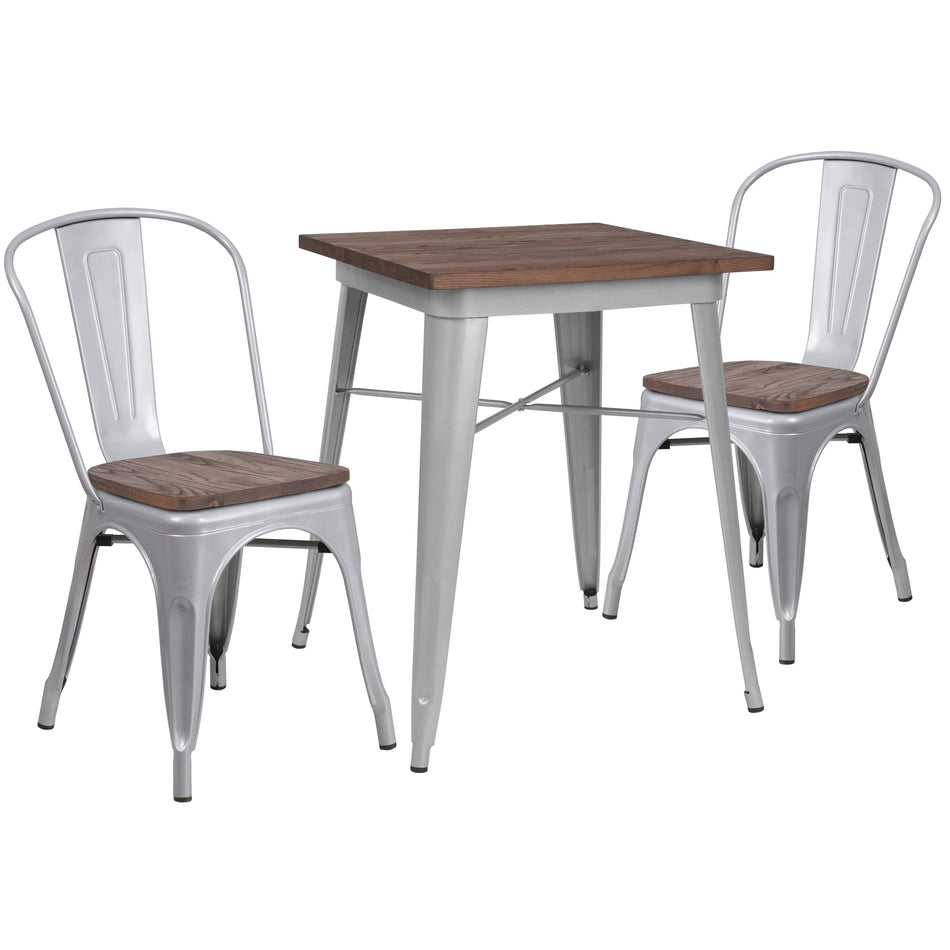 Bailey 23.5" Square Silver Metal Table Set with Wood Top and 2 Stack Chairs