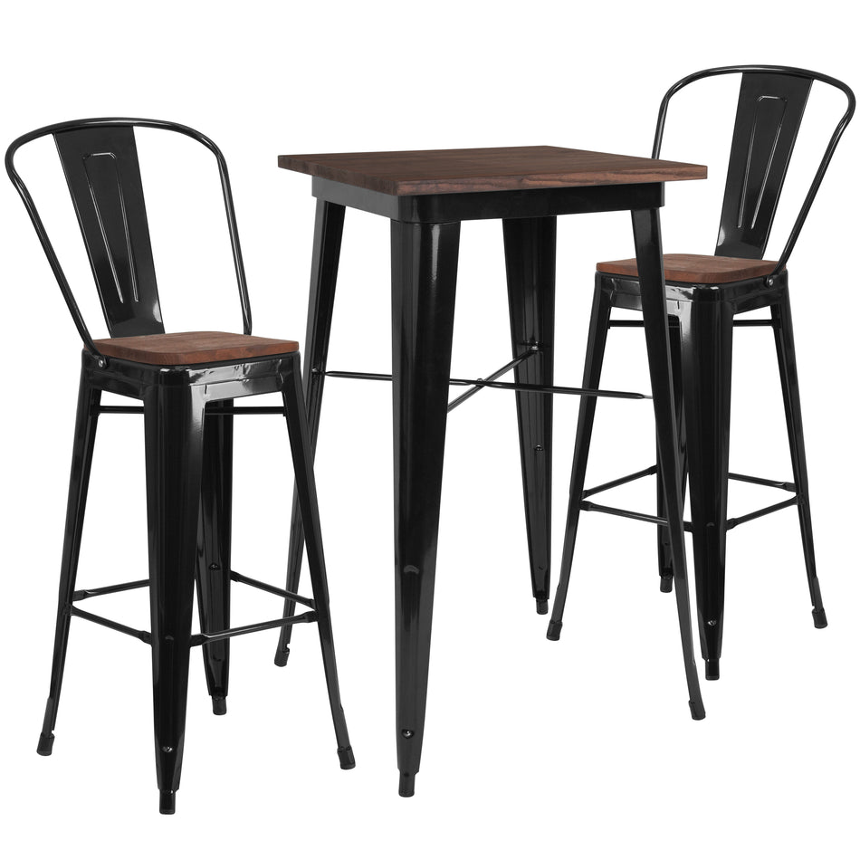 Bailey 23.5" Square Black Metal Bar Table Set with Wood Top and 2 Stools