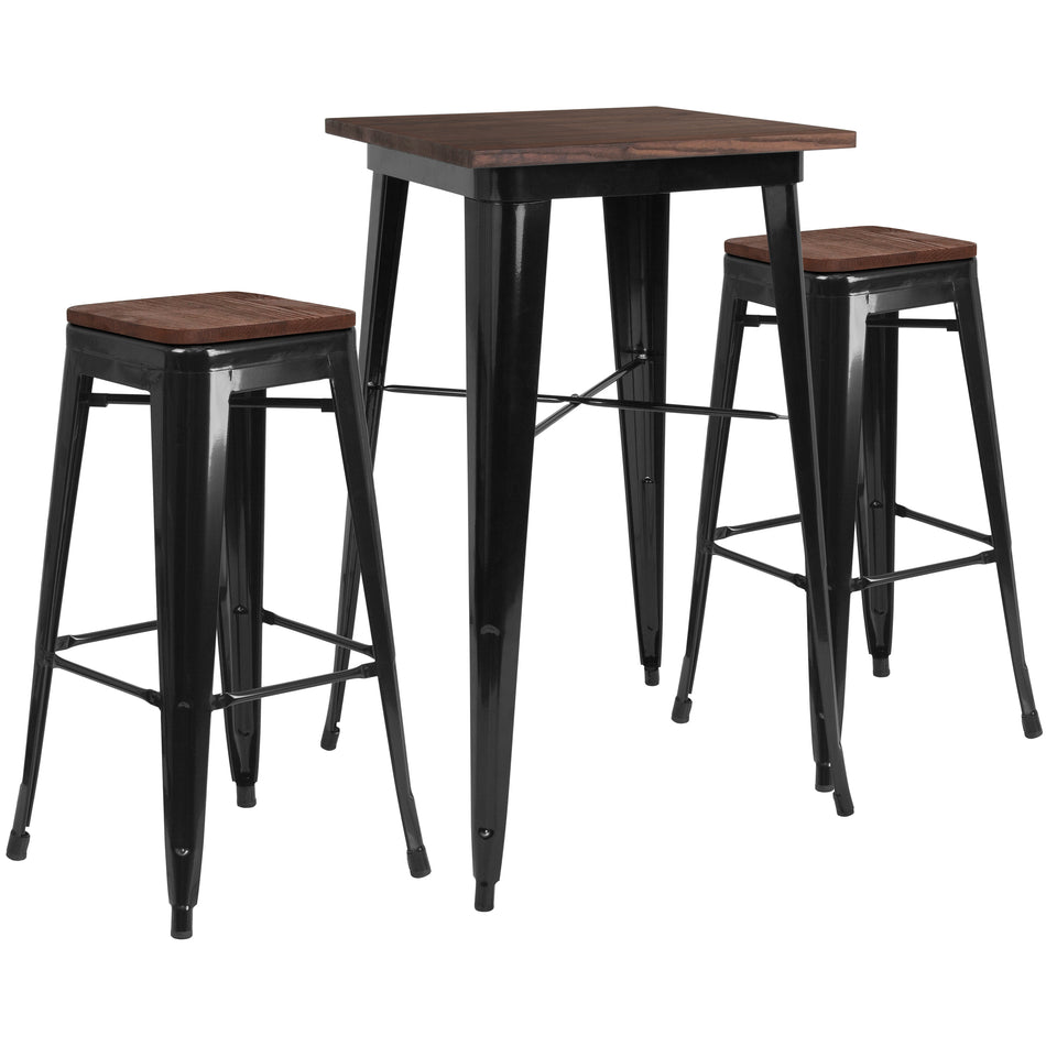 Bailey 23.5" Square Black Metal Bar Table Set with Wood Top and 2 Backless Stools