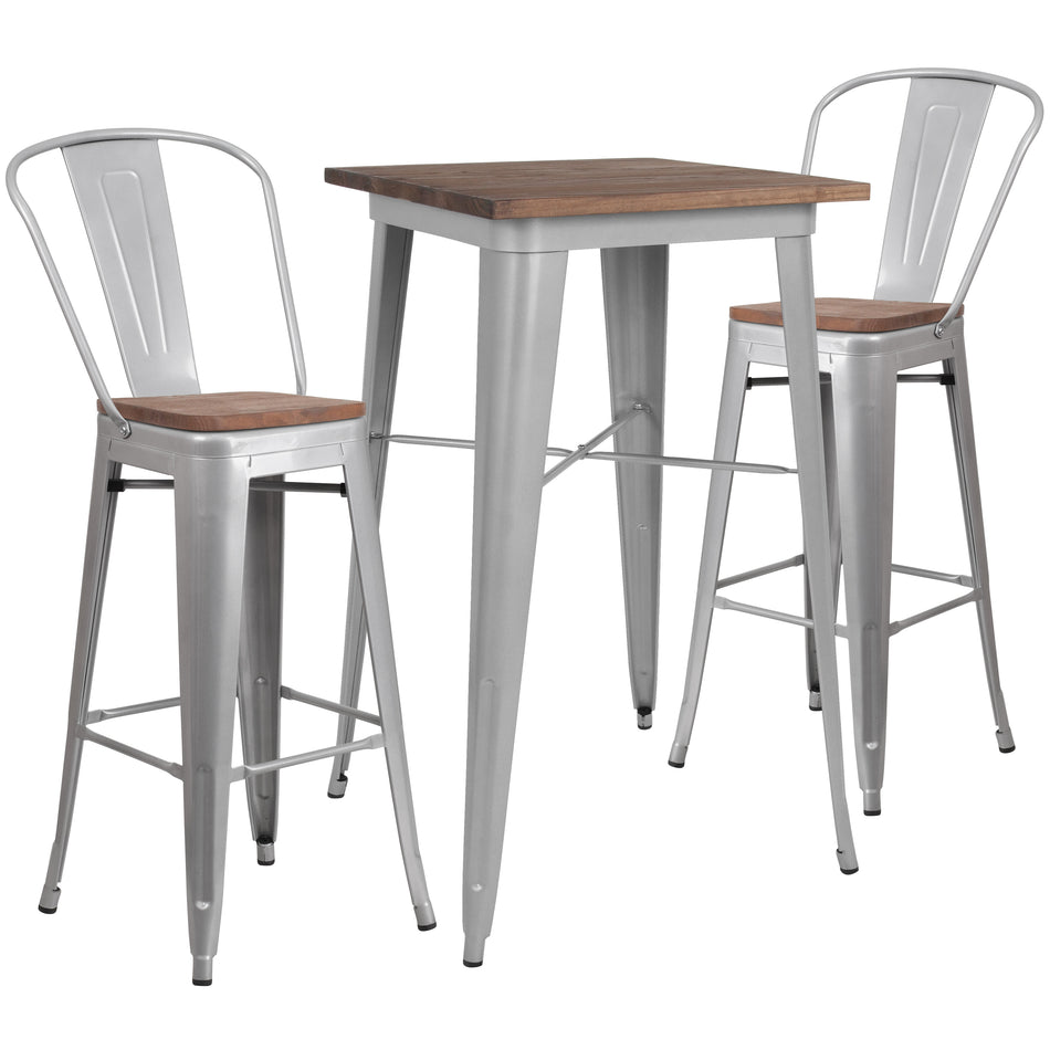 Bailey 23.5" Square Silver Metal Bar Table Set with Wood Top and 2 Stools
