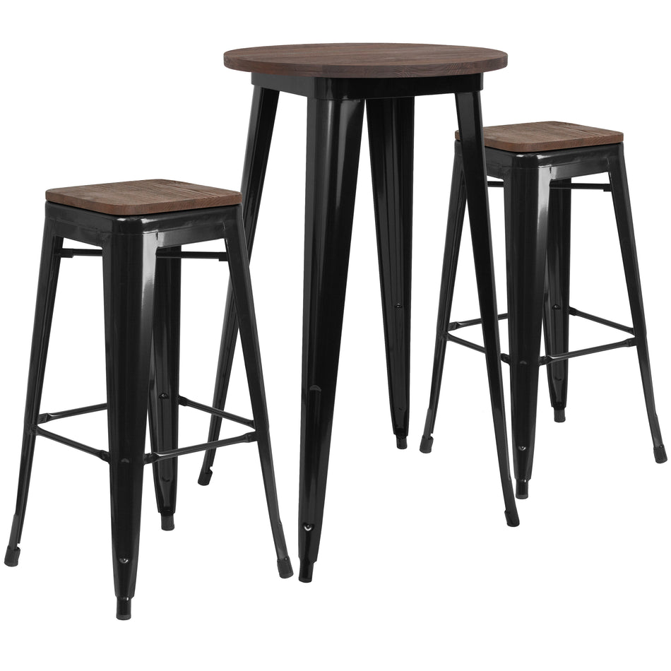 Bailey 24" Round Black Metal Bar Table Set with Wood Top and 2 Backless Stools