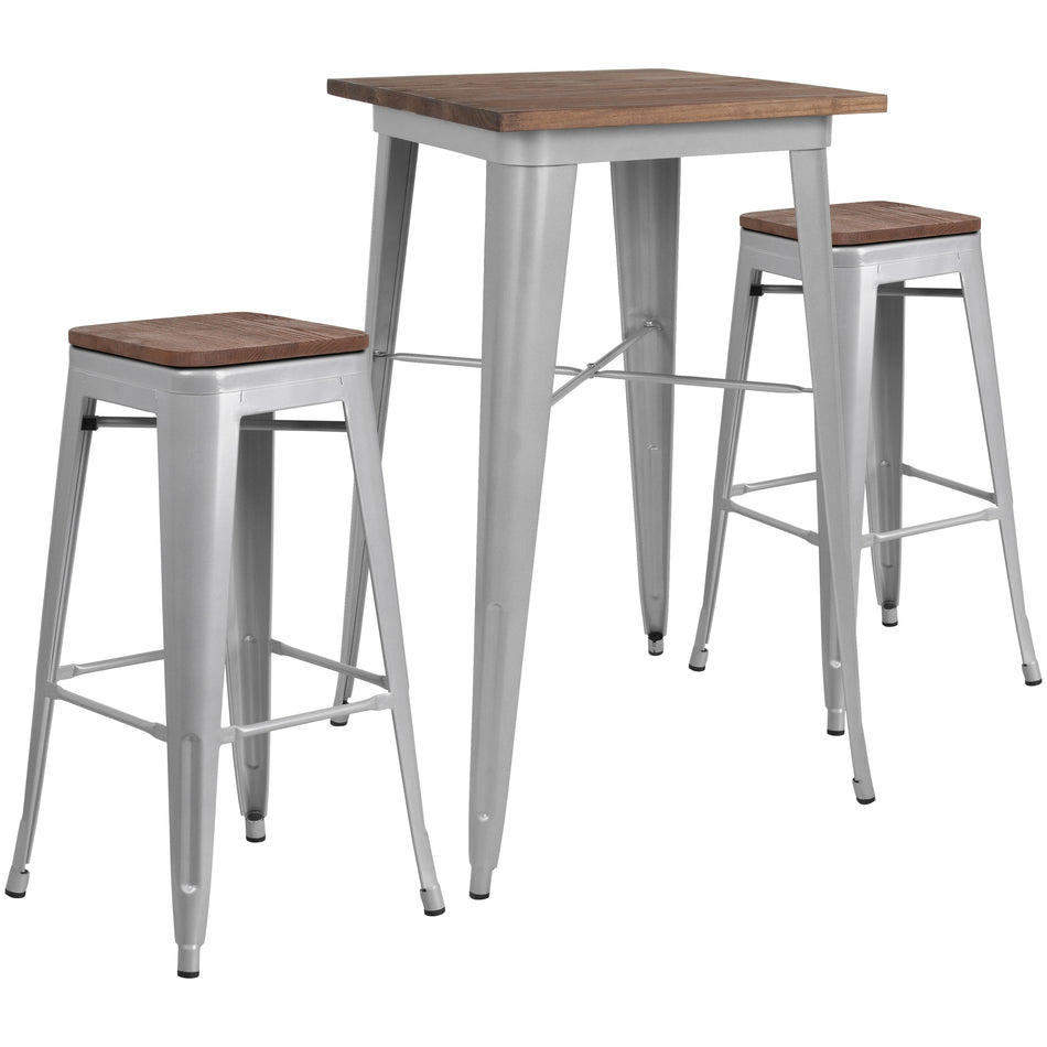 Bailey 23.5" Square Silver Metal Bar Table Set with Wood Top and 2 Backless Stools