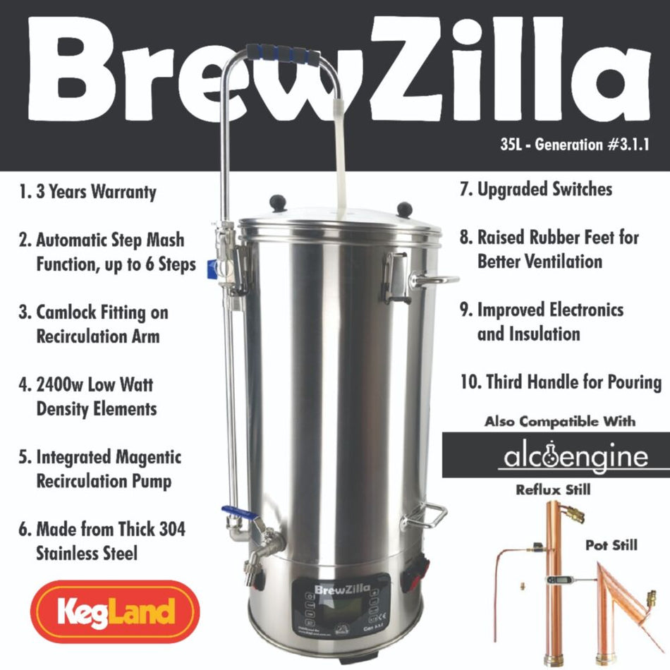 KegLand 9.25 Gallon / 35L BrewZilla V3.1.1 All Grain Brewing System With Pump (110V) - KL05838